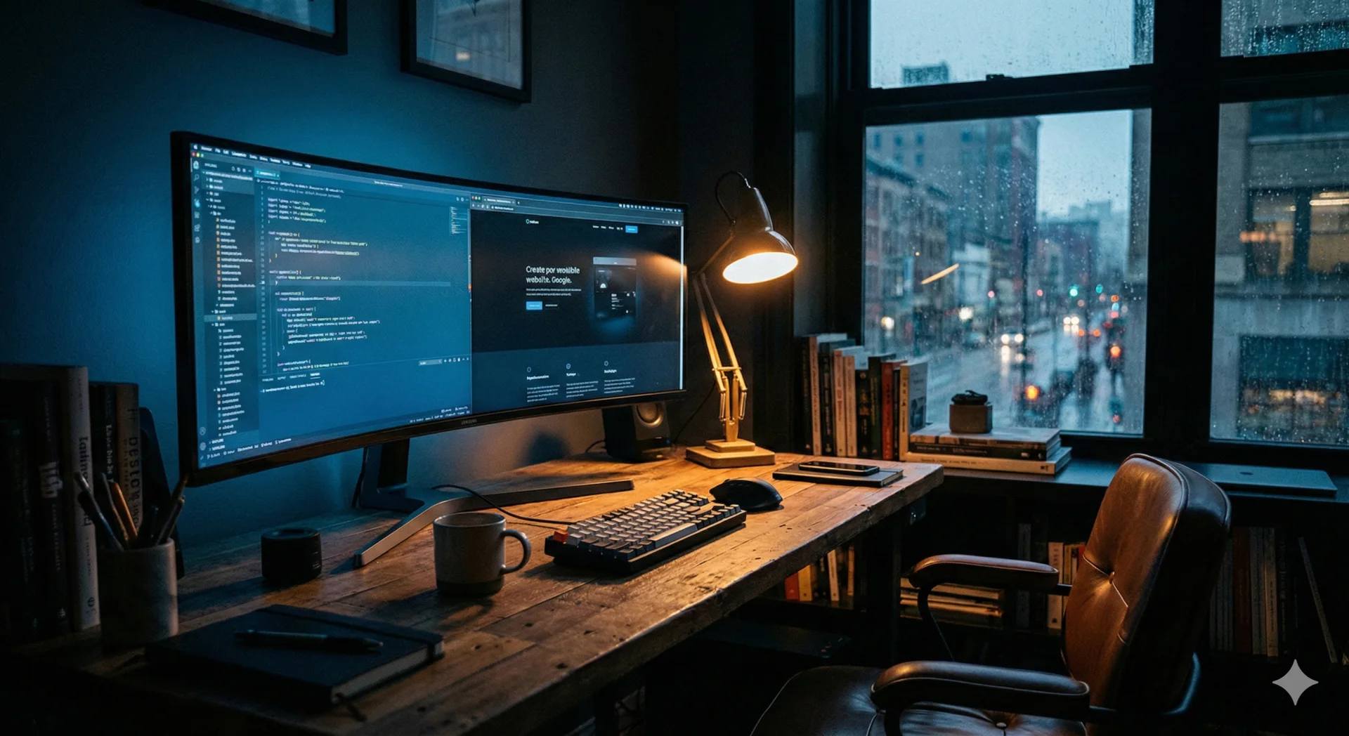 Professional web developer workspace at dusk with ultrawide monitor displaying code and website design, coffee mug nearby, representing focused craftsmanship and attention to detail in web development