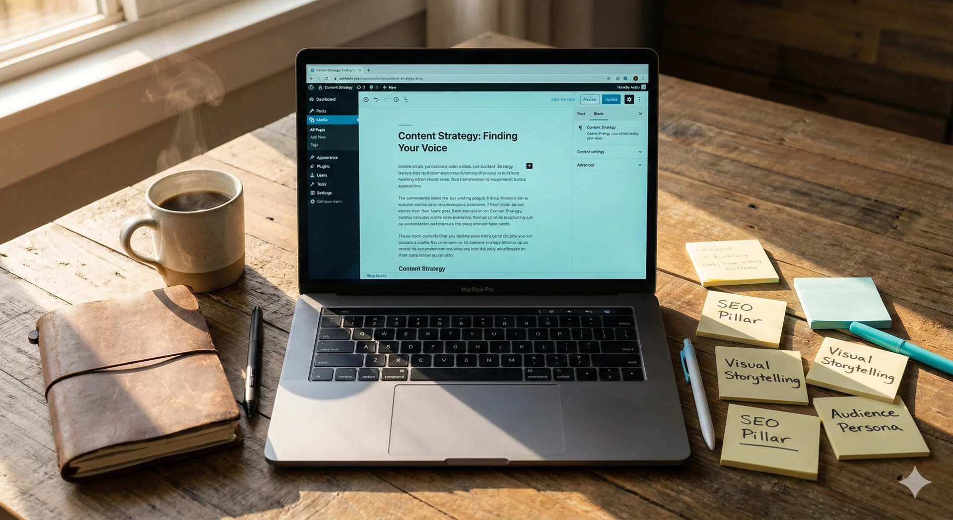 Overhead view of creative workspace with laptop, notebooks, and writing materials representing content creation and blogging
