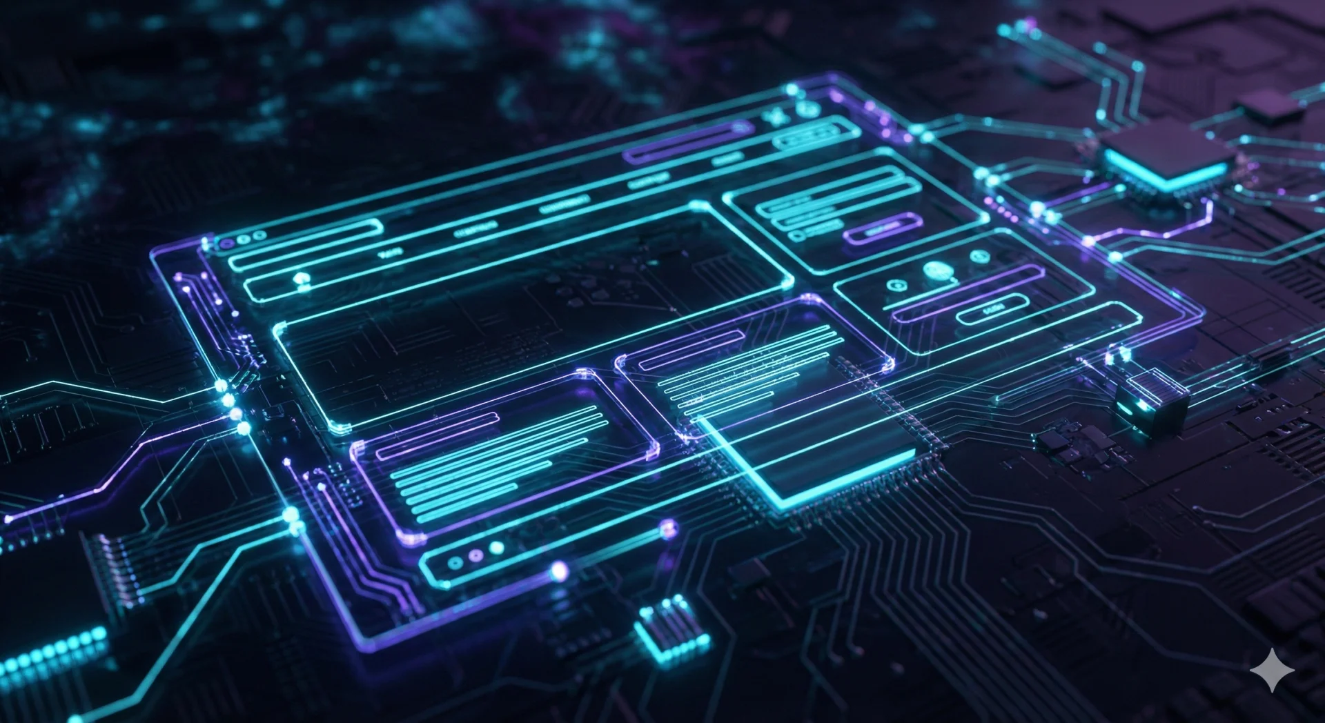 Abstract wireframe network nodes and circuit board patterns representing technical expertise and modern web development architecture
